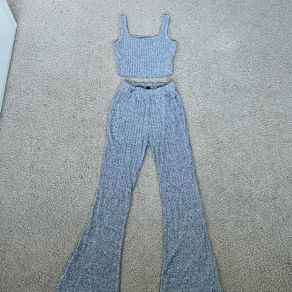 Two-piece: grey flare, high waisted leggings, with cropped tank top